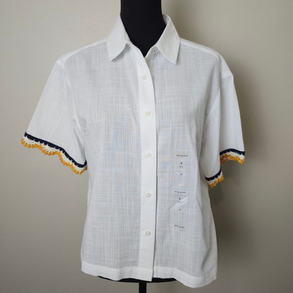 Nautica Jeans Women's Short Sleeve NWT Crochet Trim Cotton Shirt Small White